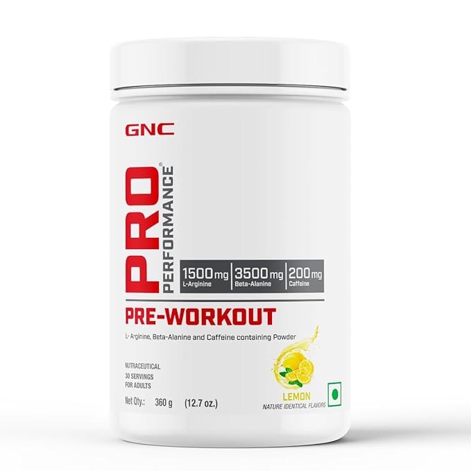 GNC Pro Performance Pre-Workout | 360 gm | 30 Servings | Boosts Energy &amp; Endurance | Improves Focus | Revs Up Recovery | 1.5g L-Arginine | 3.5g Beta-Alanine | 0.2g Caffeine | Lemon