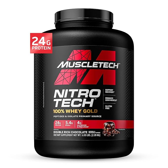MuscleTech Performance Series Nitro Tech Whey Gold| 24g Protein| With BCAA and Glutamine and Precursors |For Lean Muscle Gain| Sports Nutrition | 5.03 lbs (2.28 Kg) | Double Rich Chocolate Flavour