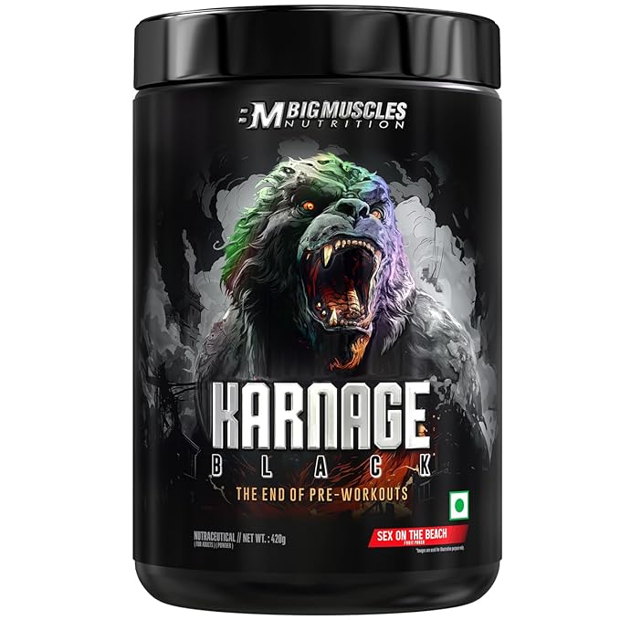 Bigmuscles Nutrition Karnage Black Preworkout sex on the beach 420g] | Massive Pump | Laser Focus | Explosive Energy | Gorilla Power | No Itching | with Nitrosigine